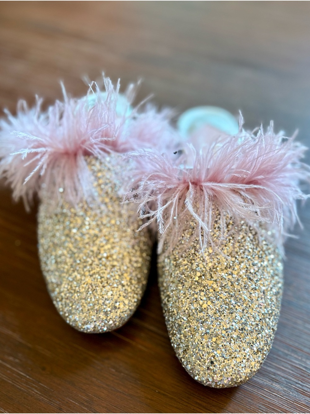 kate spade Gold Glitter Mules with Pink Feather Trim